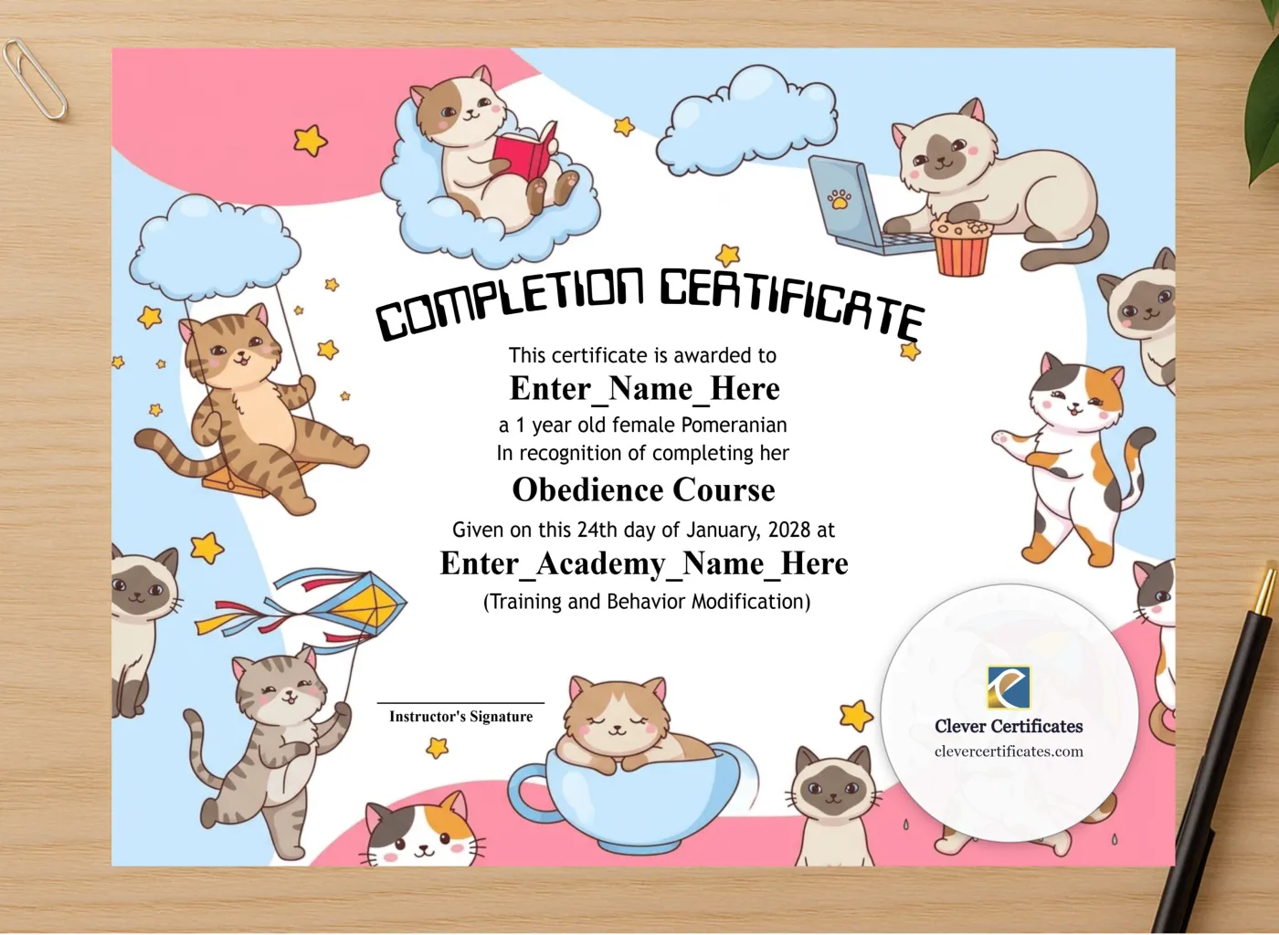 Professional preview of Kitten Preschool Completion Certificate certificate on high-quality stationery paper, ideal for showcasing the final look.