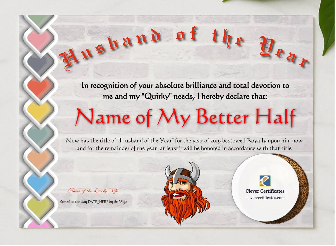 Husband Of The Year presented in a sleek wooden frame, elegantly arranged on a stylish table.