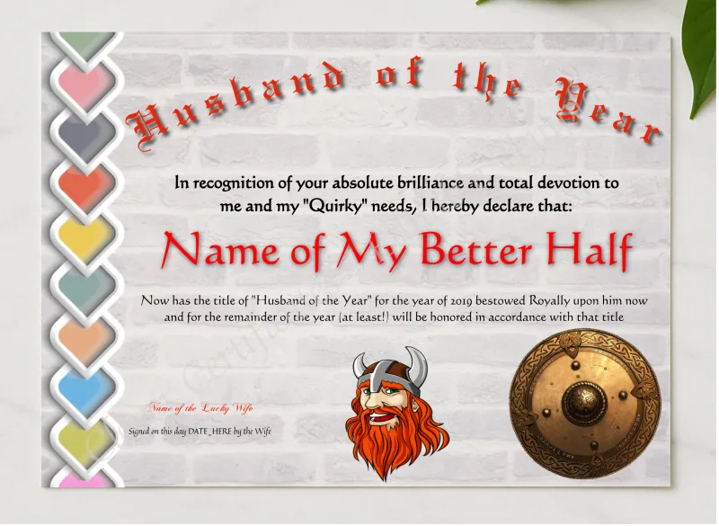 Husband Of The Year presented in a sleek wooden frame, elegantly arranged on a stylish table.