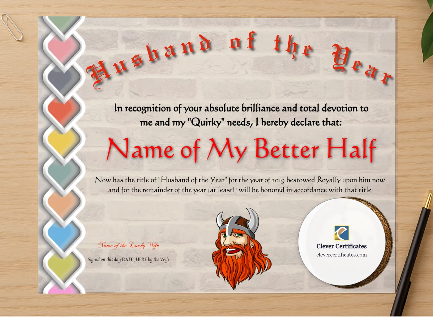 Professional preview of Husband Of The Year certificate on high-quality stationery paper, ideal for showcasing the final look.