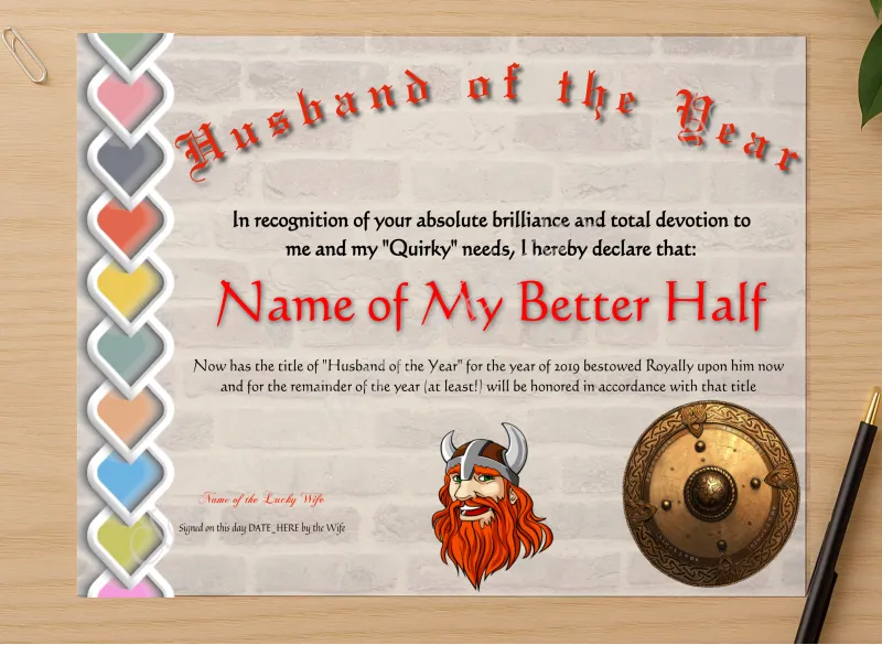 Professional preview of Husband Of The Year certificate on high-quality stationery paper, ideal for showcasing the final look.