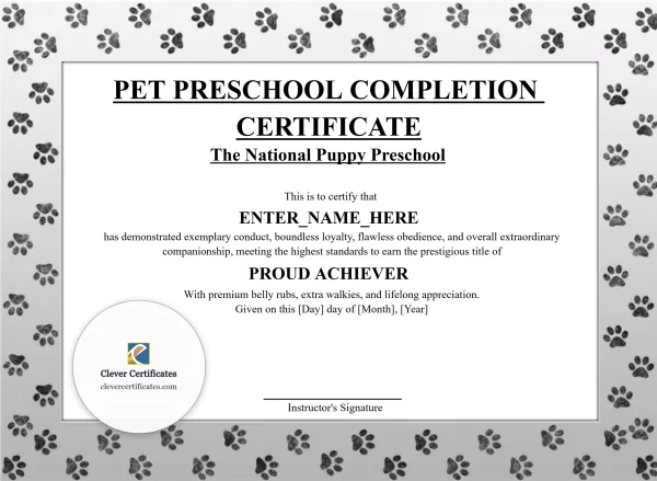 Free Pet Preschool Completion Certificate Template