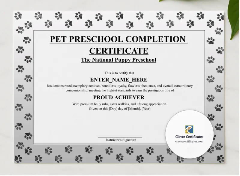 Pet Preschool Completion Certificate presented in a sleek wooden frame, elegantly arranged on a stylish table.