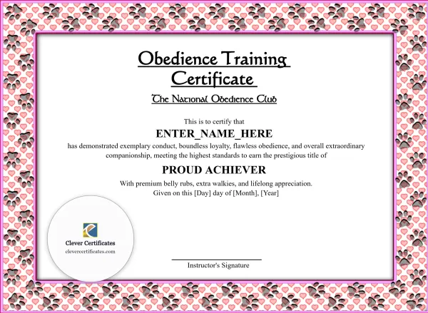 Free Obedience Training Certificate Template
