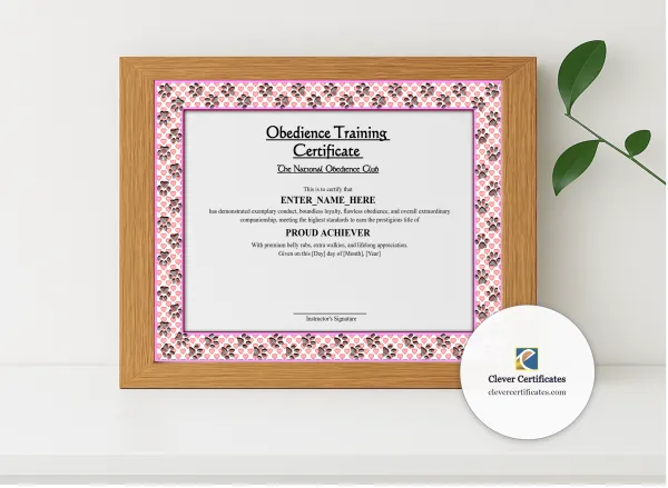 Realistic mockup featuring Obedience Training Certificate displayed within a modern frame, set against a minimalistic background.