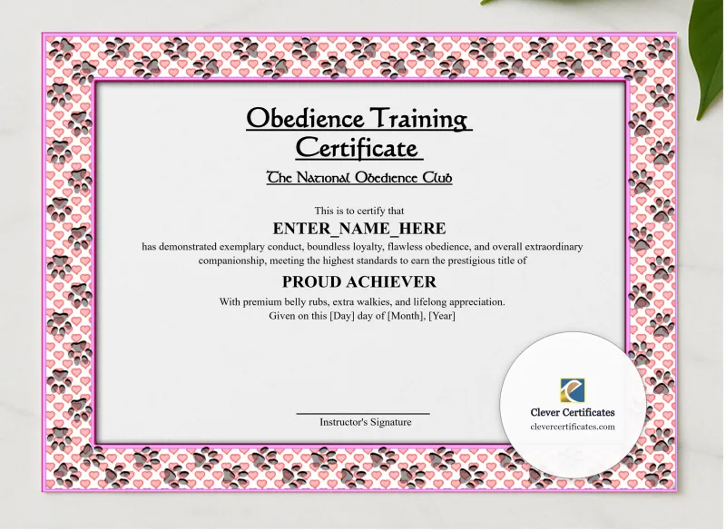 Obedience Training Certificate presented in a sleek wooden frame, elegantly arranged on a stylish table.