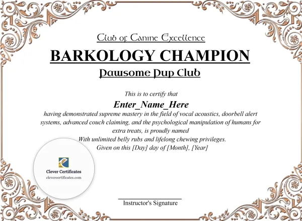 Free Barkology Champion Certificate Template