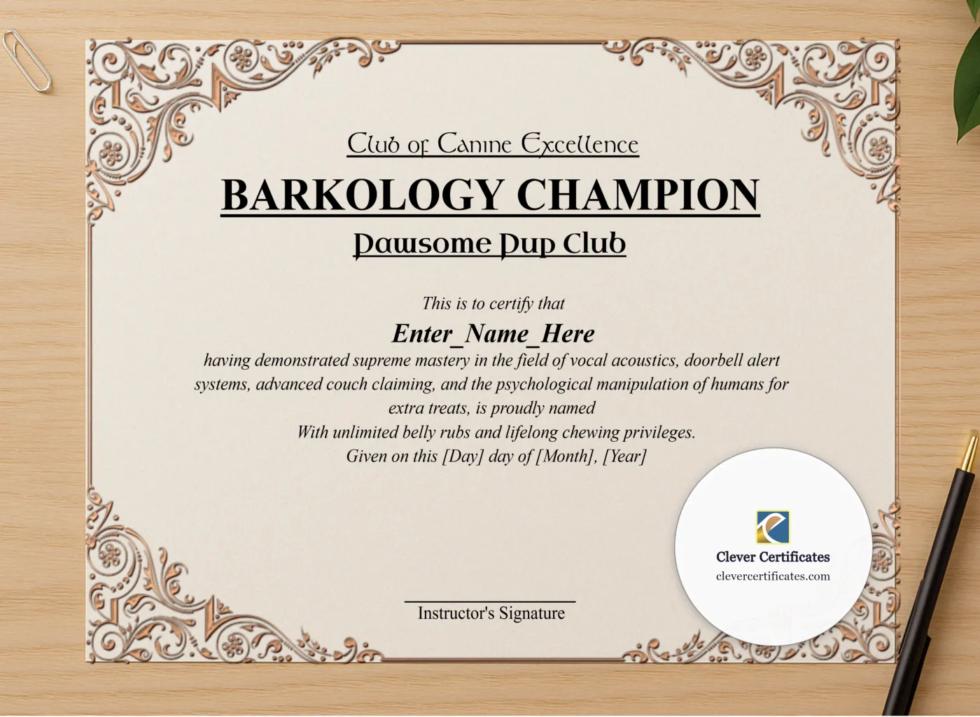 Professional preview of Barkology Champion Certificate certificate on high-quality stationery paper, ideal for showcasing the final look.