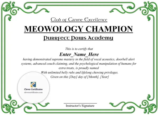 Free Meowology Champion Certificate Template