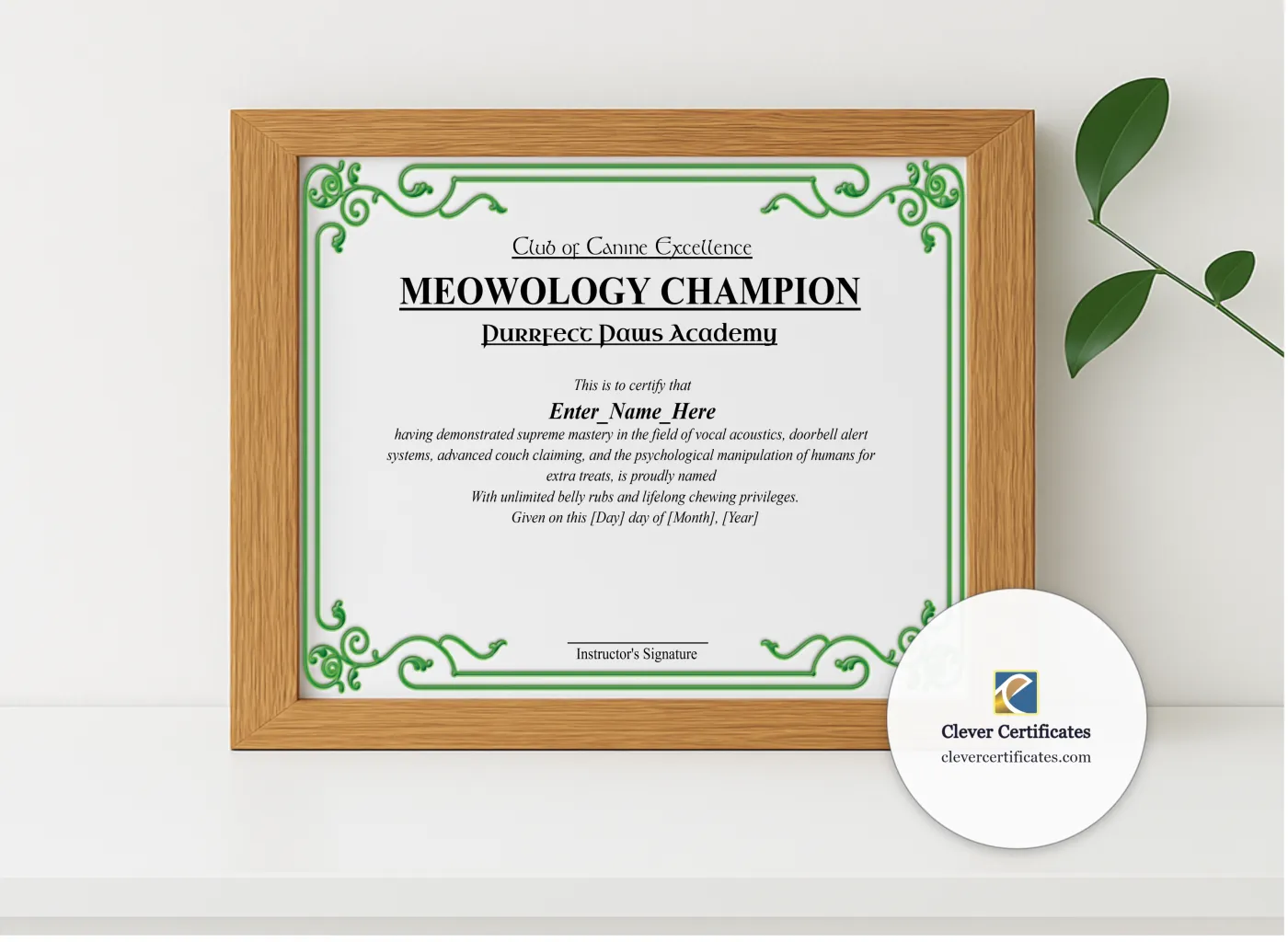 Realistic mockup featuring Meowology Champion Certificate displayed within a modern frame, set against a minimalistic background.