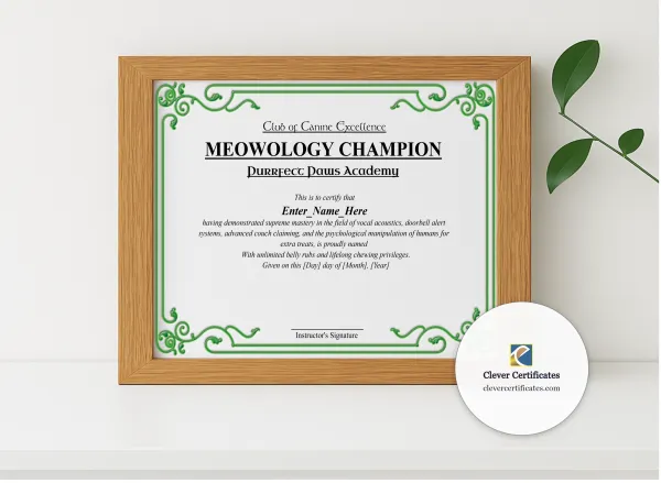 Realistic mockup featuring Meowology Champion Certificate displayed within a modern frame, set against a minimalistic background.