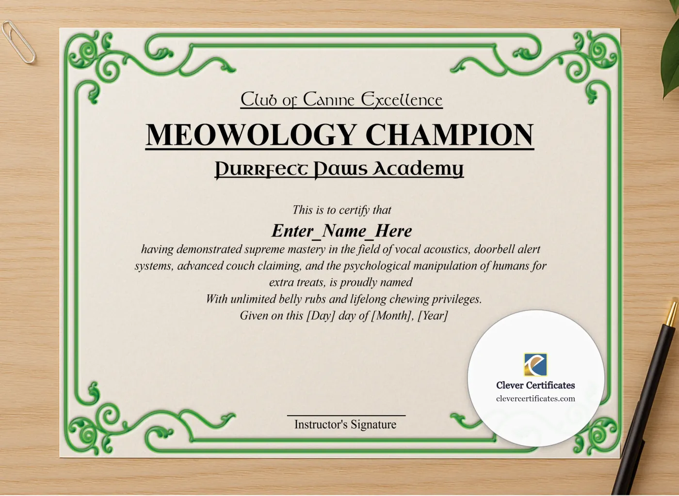 Professional preview of Meowology Champion Certificate certificate on high-quality stationery paper, ideal for showcasing the final look.