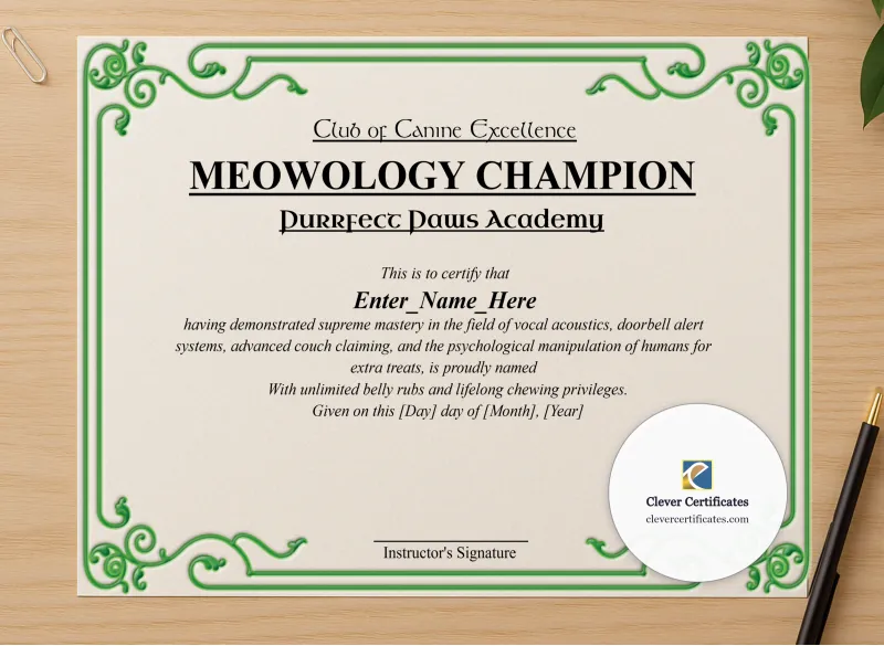 Professional preview of Meowology Champion Certificate certificate on high-quality stationery paper, ideal for showcasing the final look.