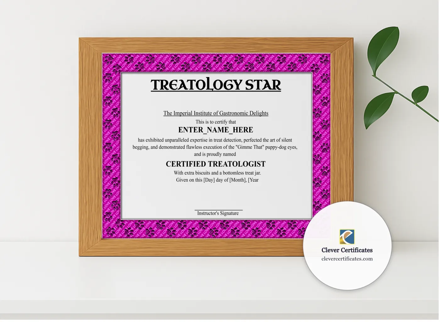 Realistic mockup featuring Treatology Star Certificate displayed within a modern frame, set against a minimalistic background.
