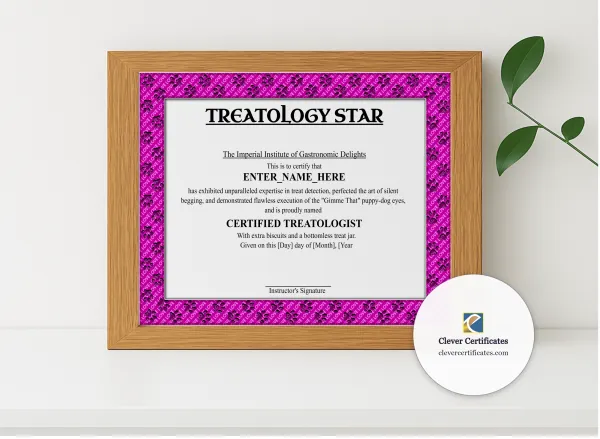 Realistic mockup featuring Treatology Star Certificate displayed within a modern frame, set against a minimalistic background.