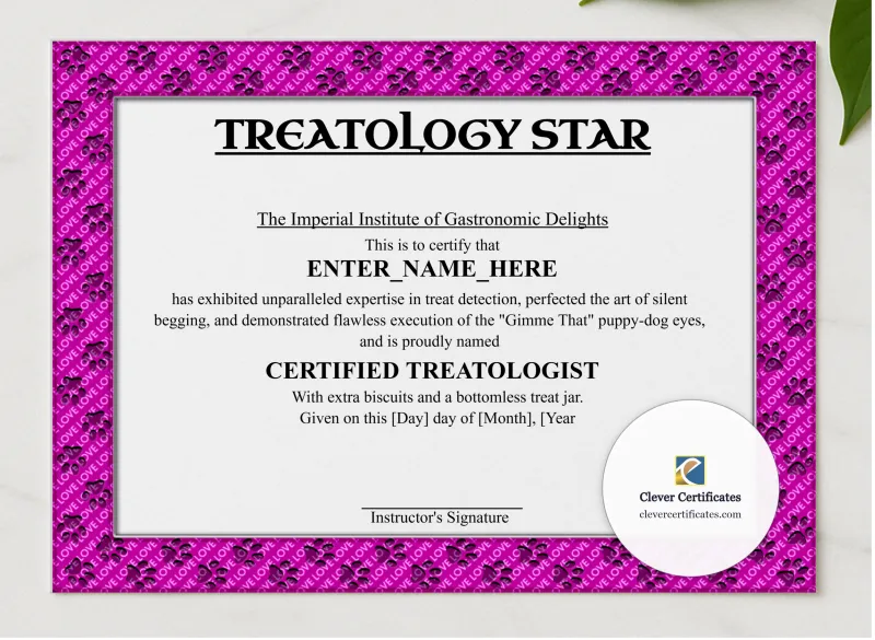 Treatology Star Certificate presented in a sleek wooden frame, elegantly arranged on a stylish table.