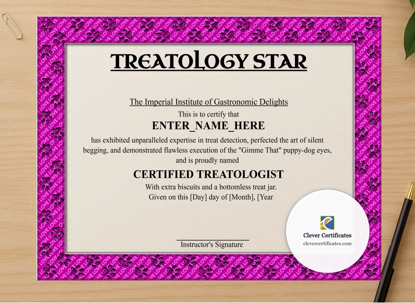 Professional preview of Treatology Star Certificate certificate on high-quality stationery paper, ideal for showcasing the final look.