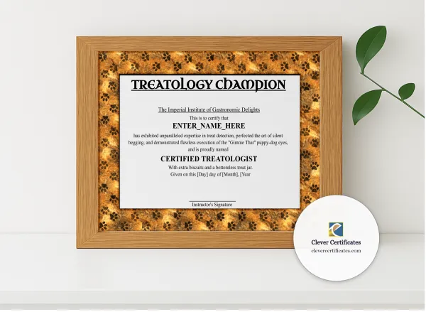 Realistic mockup featuring Treatology Champion Certificate displayed within a modern frame, set against a minimalistic background.