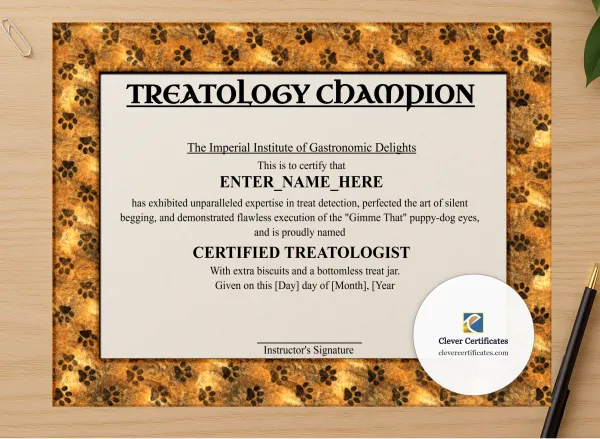 Professional preview of Treatology Champion Certificate certificate on high-quality stationery paper, ideal for showcasing the final look.