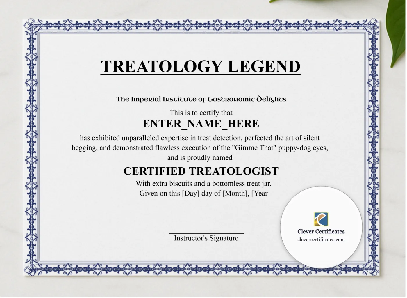 Treatology Legend Certificate presented in a sleek wooden frame, elegantly arranged on a stylish table.