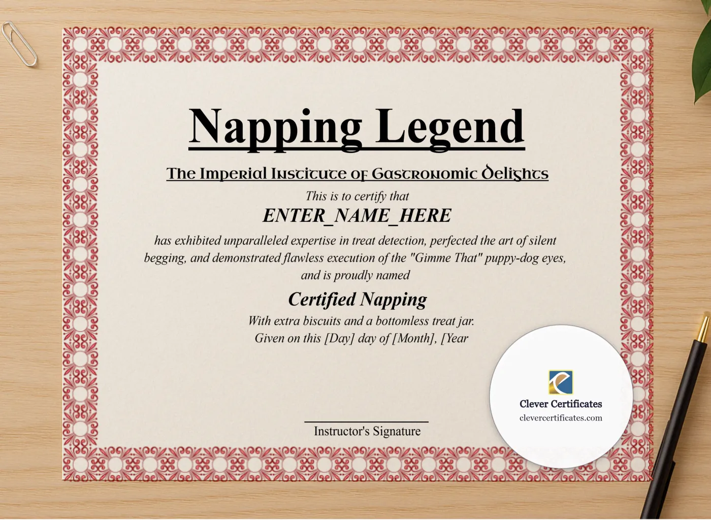 Professional preview of Napping Legend Certificate certificate on high-quality stationery paper, ideal for showcasing the final look.
