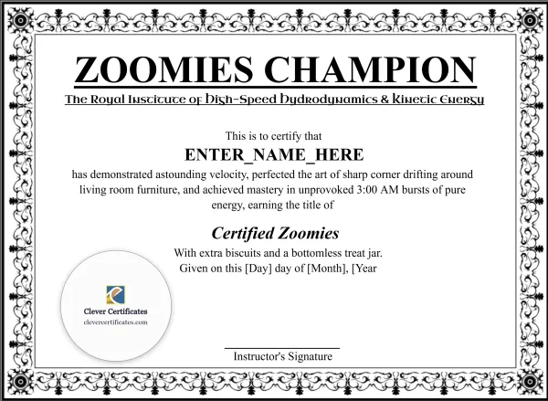 Free Zoomies Champion Certificate Template