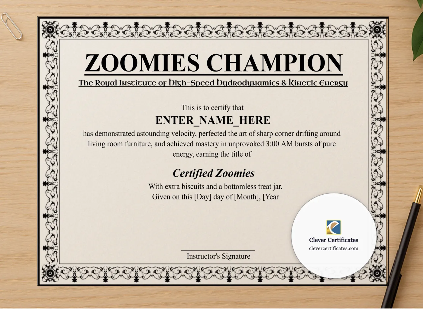 Professional preview of Zoomies Champion Certificate certificate on high-quality stationery paper, ideal for showcasing the final look.