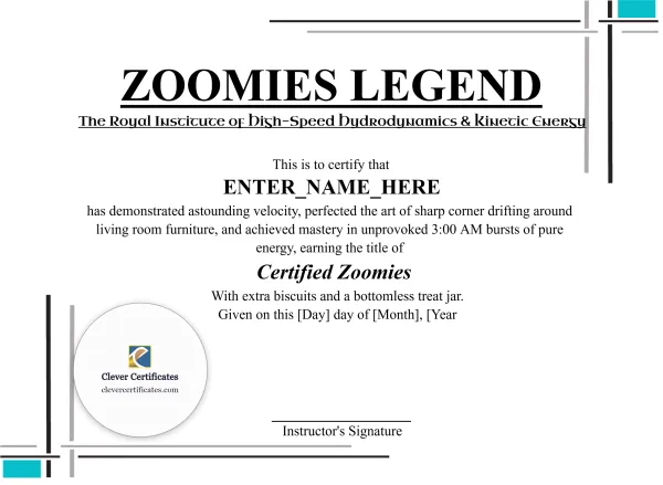 Free Zoomies Legend Certificate Template
