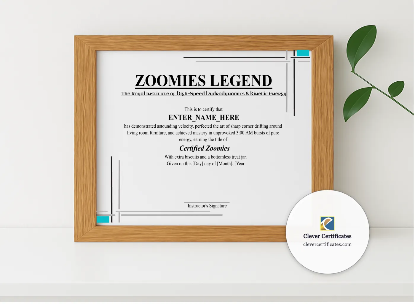 Realistic mockup featuring Zoomies Legend Certificate displayed within a modern frame, set against a minimalistic background.