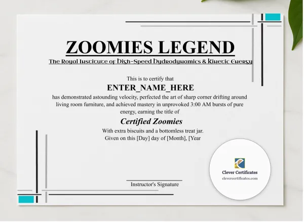 Zoomies Legend Certificate presented in a sleek wooden frame, elegantly arranged on a stylish table.