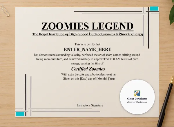 Professional preview of Zoomies Legend Certificate certificate on high-quality stationery paper, ideal for showcasing the final look.