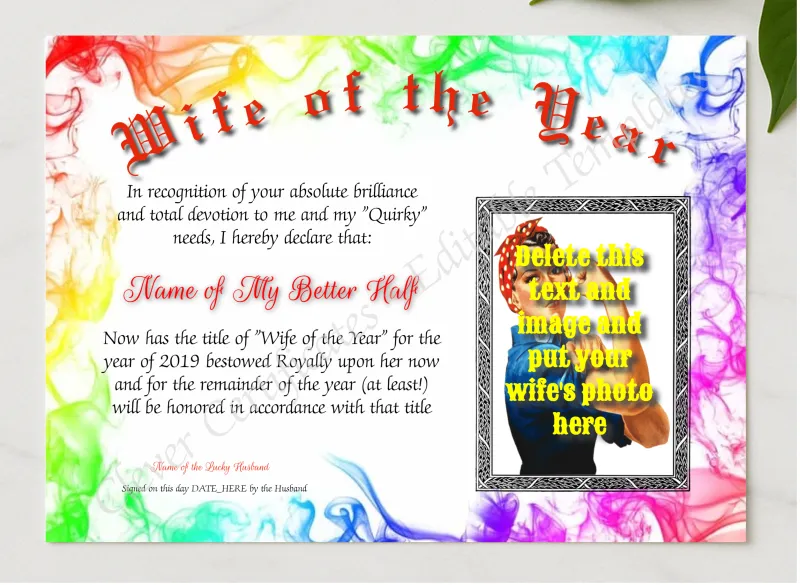 Wife Of The Year Photo presented in a sleek wooden frame, elegantly arranged on a stylish table.