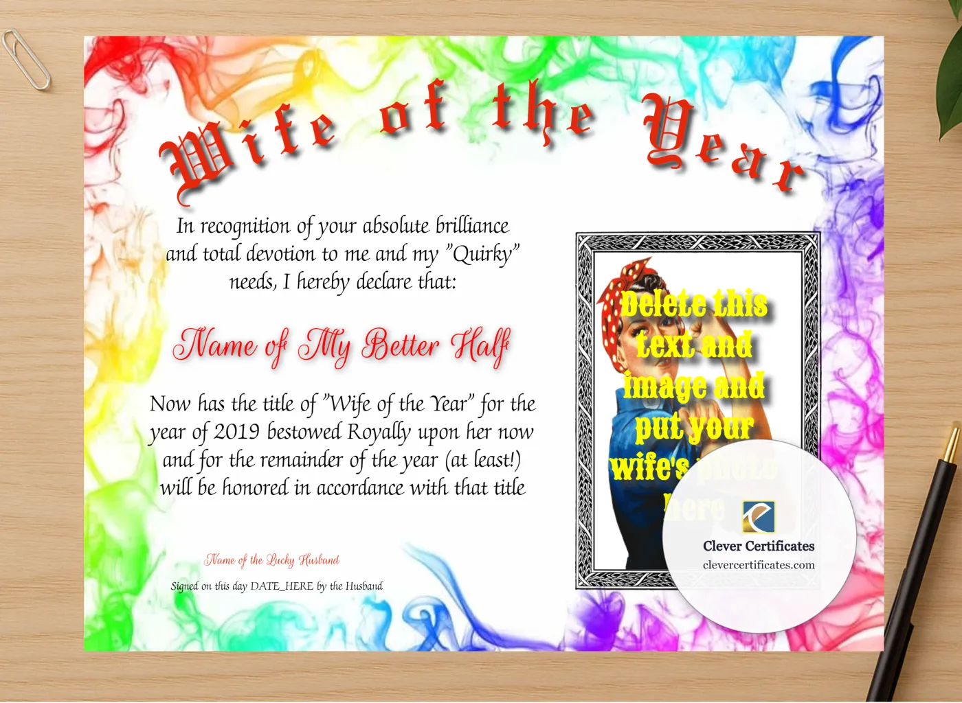 Professional preview of Wife Of The Year Photo certificate on high-quality stationery paper, ideal for showcasing the final look.