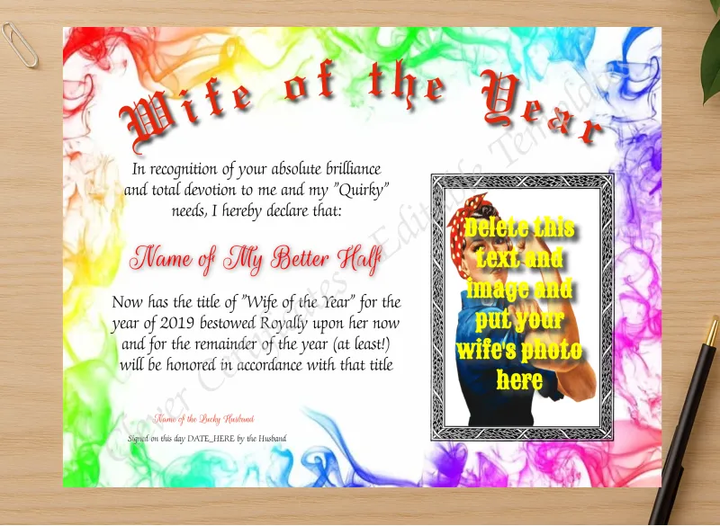 Professional preview of Wife Of The Year Photo certificate on high-quality stationery paper, ideal for showcasing the final look.