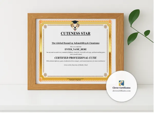 Realistic mockup featuring Cuteness Star Certificate displayed within a modern frame, set against a minimalistic background.