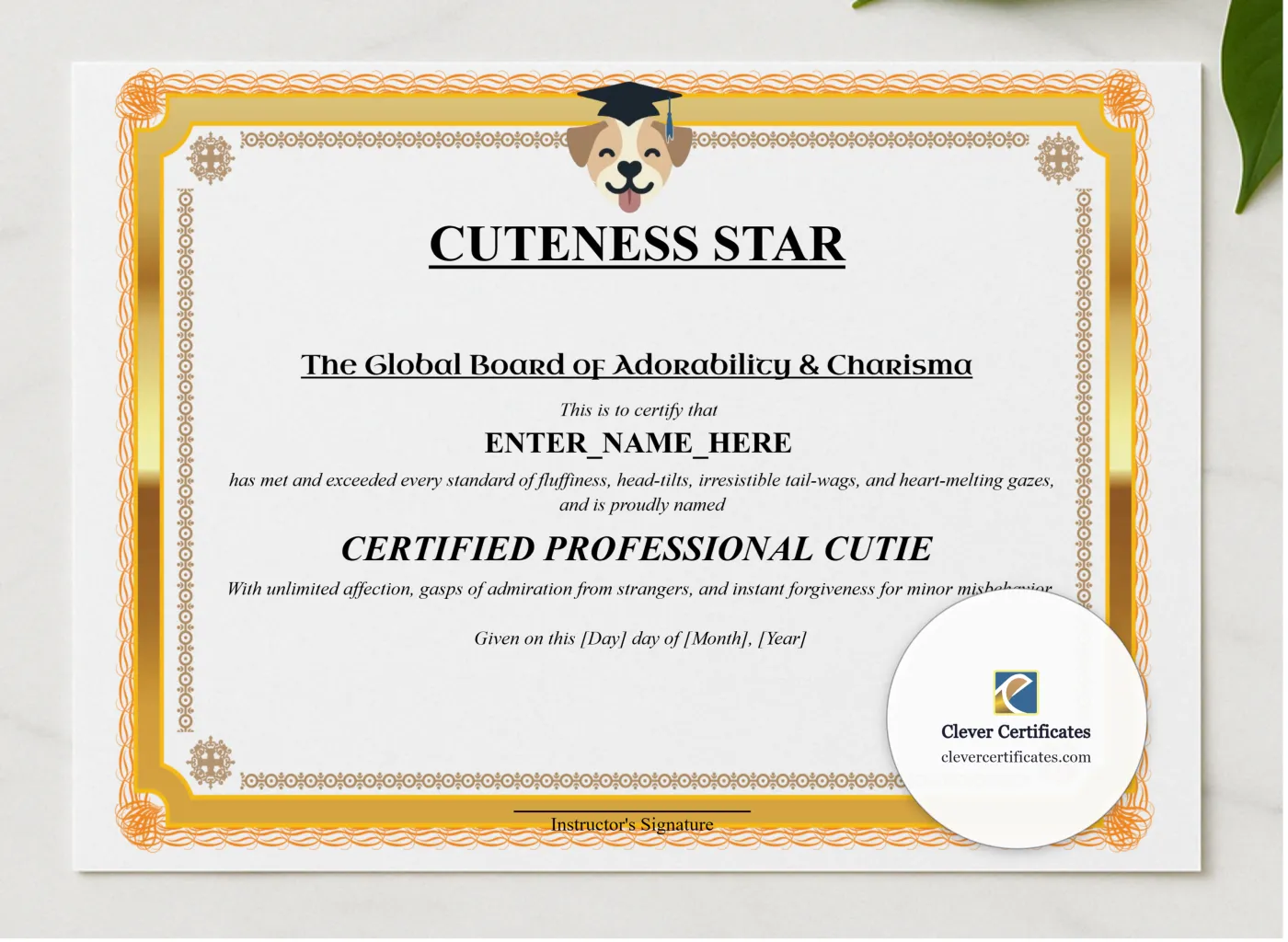 Cuteness Star Certificate presented in a sleek wooden frame, elegantly arranged on a stylish table.