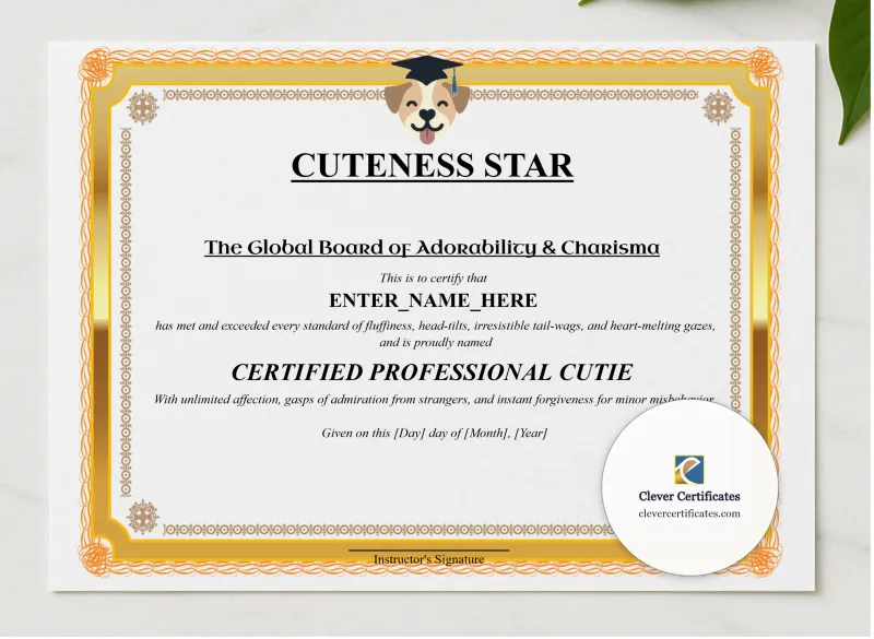 Cuteness Star Certificate presented in a sleek wooden frame, elegantly arranged on a stylish table.