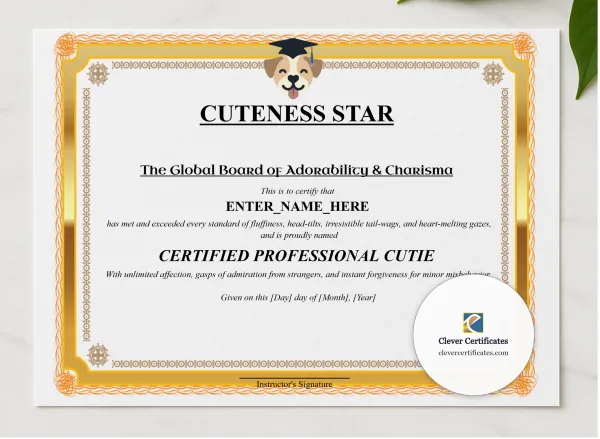 Cuteness Star Certificate presented in a sleek wooden frame, elegantly arranged on a stylish table.