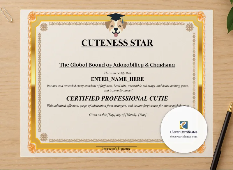 Professional preview of Cuteness Star Certificate certificate on high-quality stationery paper, ideal for showcasing the final look.