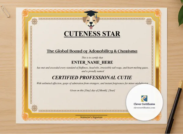 Professional preview of Cuteness Star Certificate certificate on high-quality stationery paper, ideal for showcasing the final look.