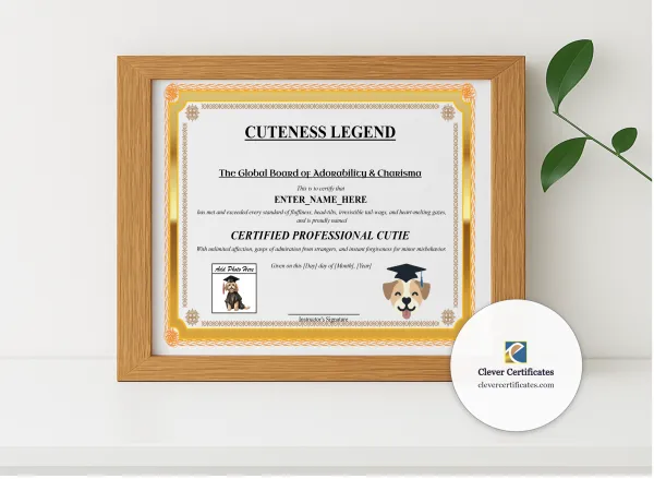 Realistic mockup featuring Cuteness Legend Certificate displayed within a modern frame, set against a minimalistic background.