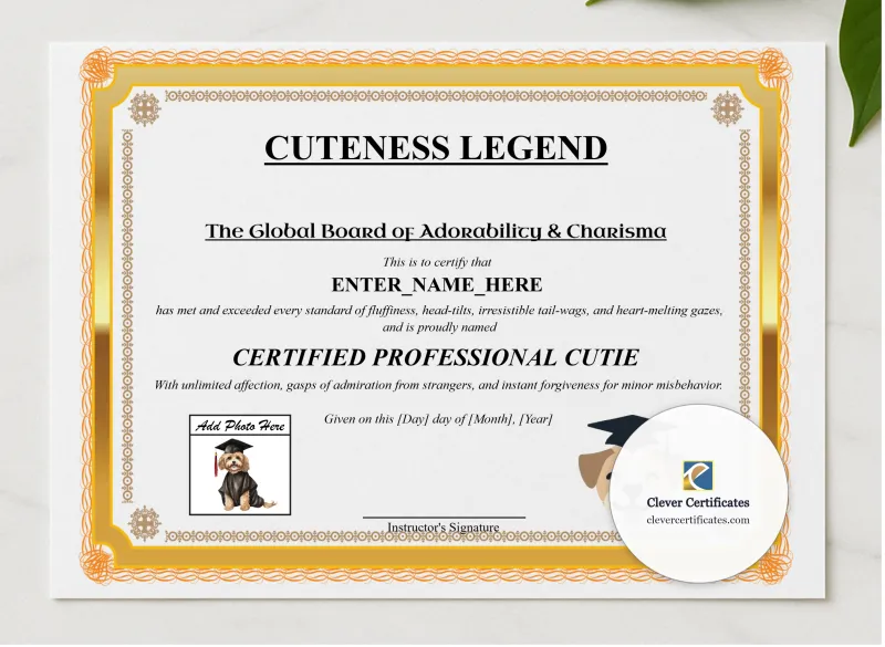 Cuteness Legend Certificate presented in a sleek wooden frame, elegantly arranged on a stylish table.