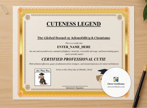 Professional preview of Cuteness Legend Certificate certificate on high-quality stationery paper, ideal for showcasing the final look.