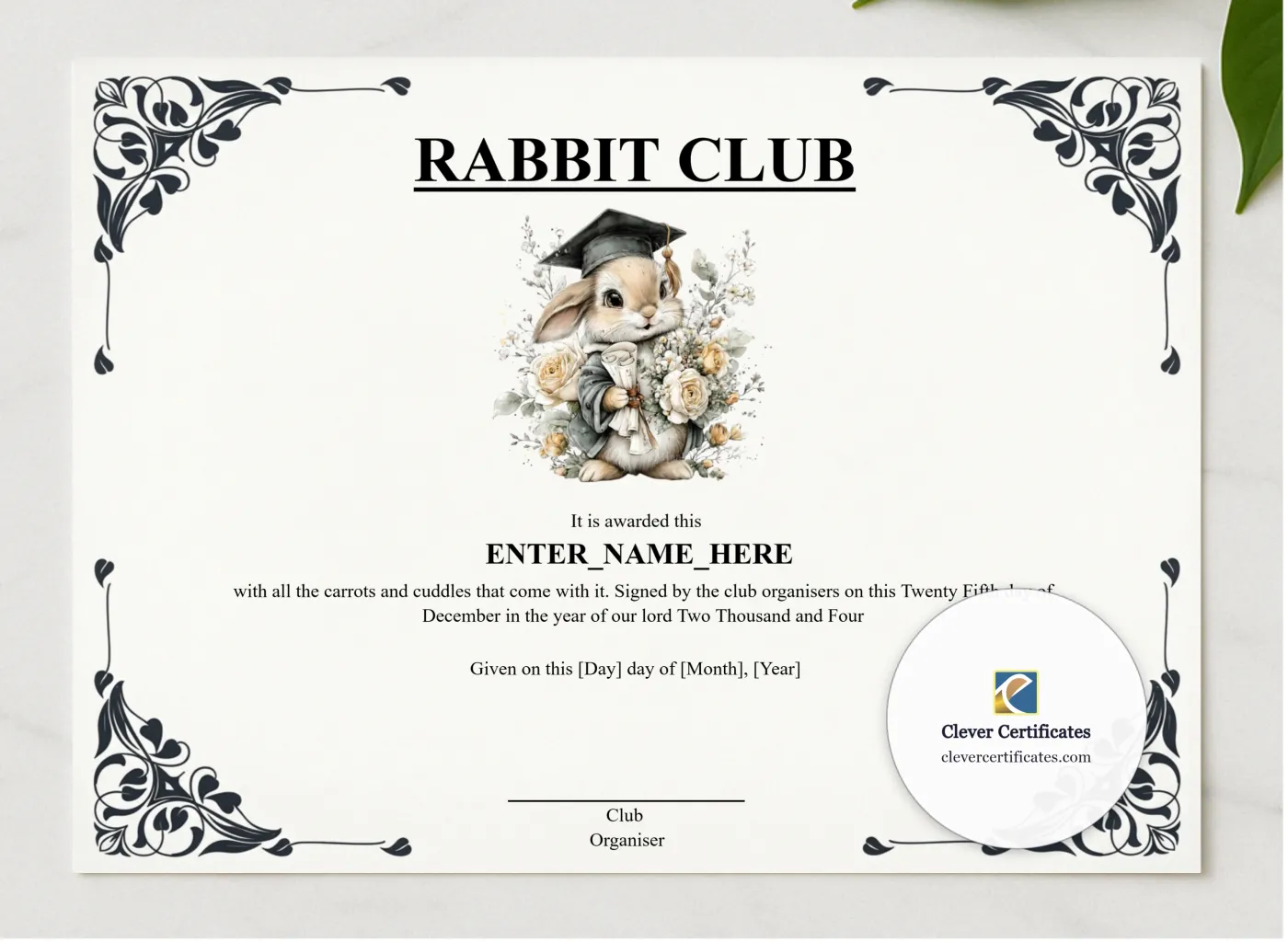 Rabbit Club Completion Certificate presented in a sleek wooden frame, elegantly arranged on a stylish table.