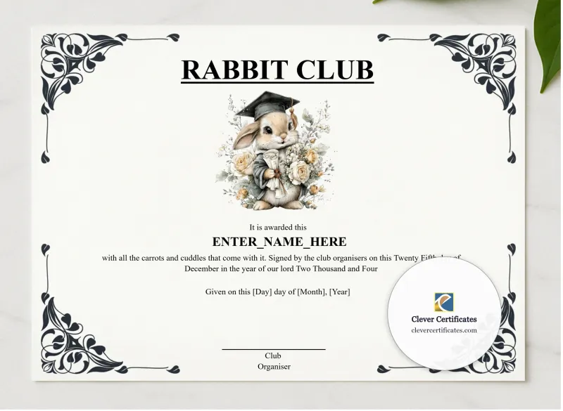 Rabbit Club Completion Certificate presented in a sleek wooden frame, elegantly arranged on a stylish table.