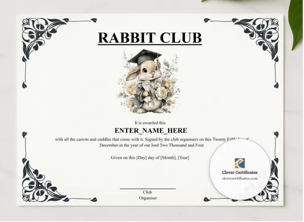 Rabbit Club Completion Certificate presented in a sleek wooden frame, elegantly arranged on a stylish table.