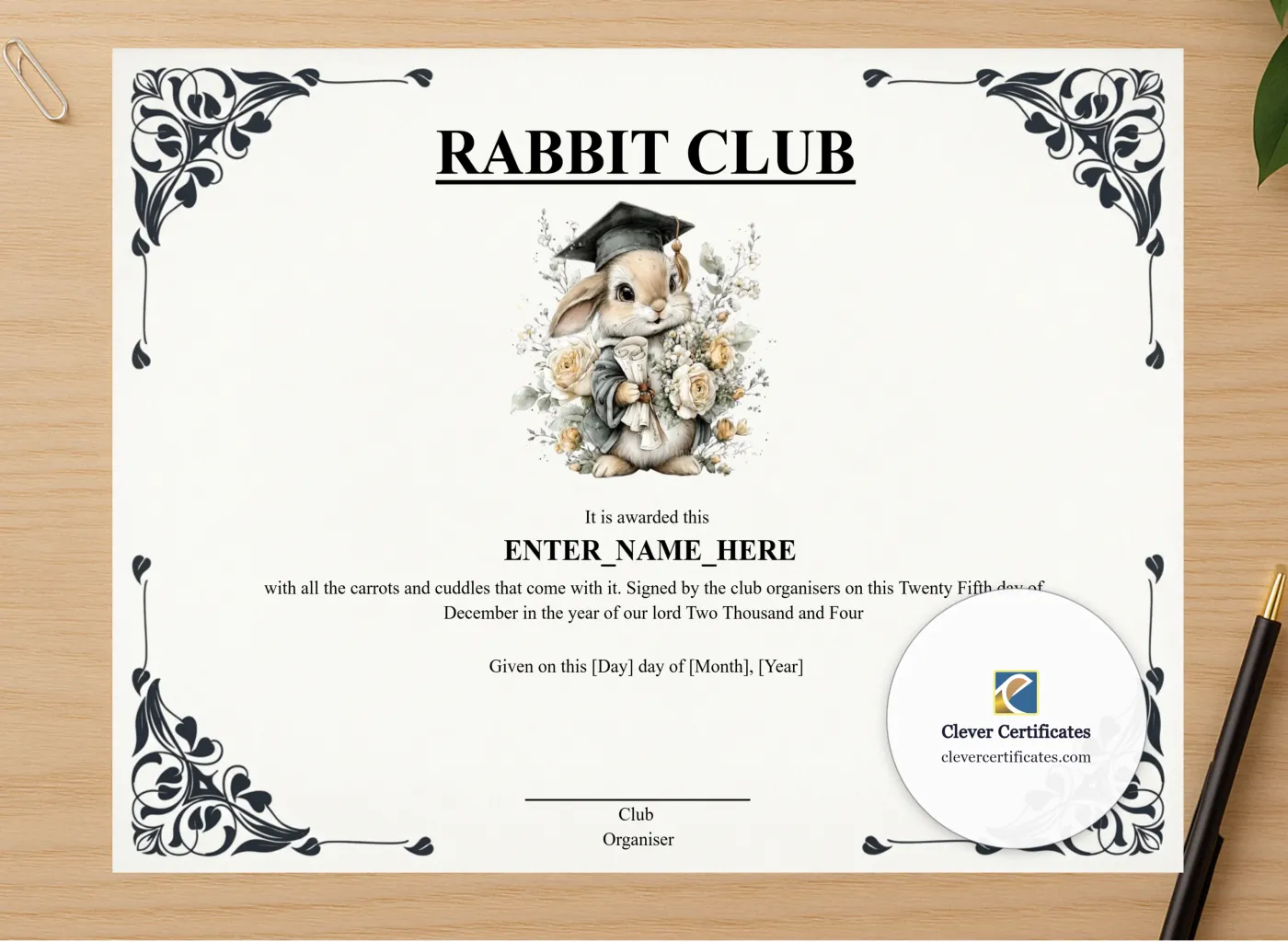 Professional preview of Rabbit Club Completion Certificate certificate on high-quality stationery paper, ideal for showcasing the final look.
