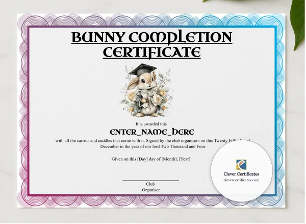 Bunny Completion Certificate presented in a sleek wooden frame, elegantly arranged on a stylish table.