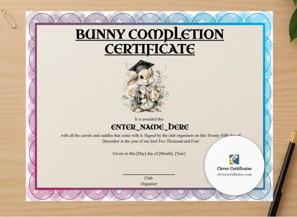 Professional preview of Bunny Completion Certificate certificate on high-quality stationery paper, ideal for showcasing the final look.