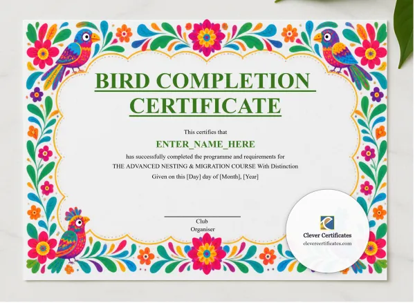 Bird Completion Certificate presented in a sleek wooden frame, elegantly arranged on a stylish table.